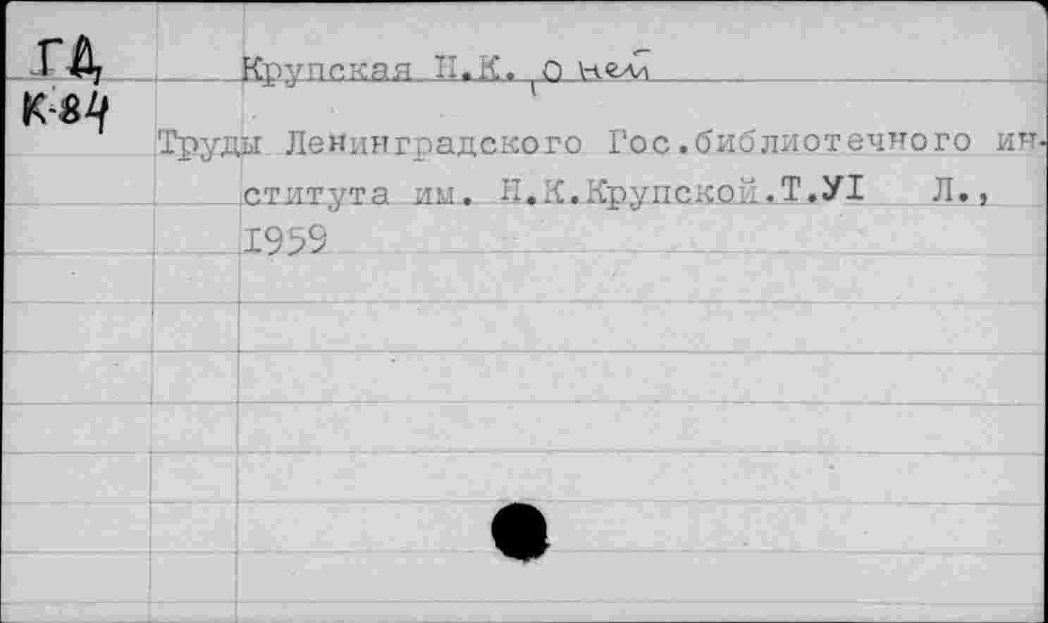 ﻿ГД		1 Крупская U.K, нглд
К-«4	Труд	Ы Ленинградского Гос.библиотечного института им. Н.К.Крупской.Т.У1	Л., I95S
		
		
		
		
		